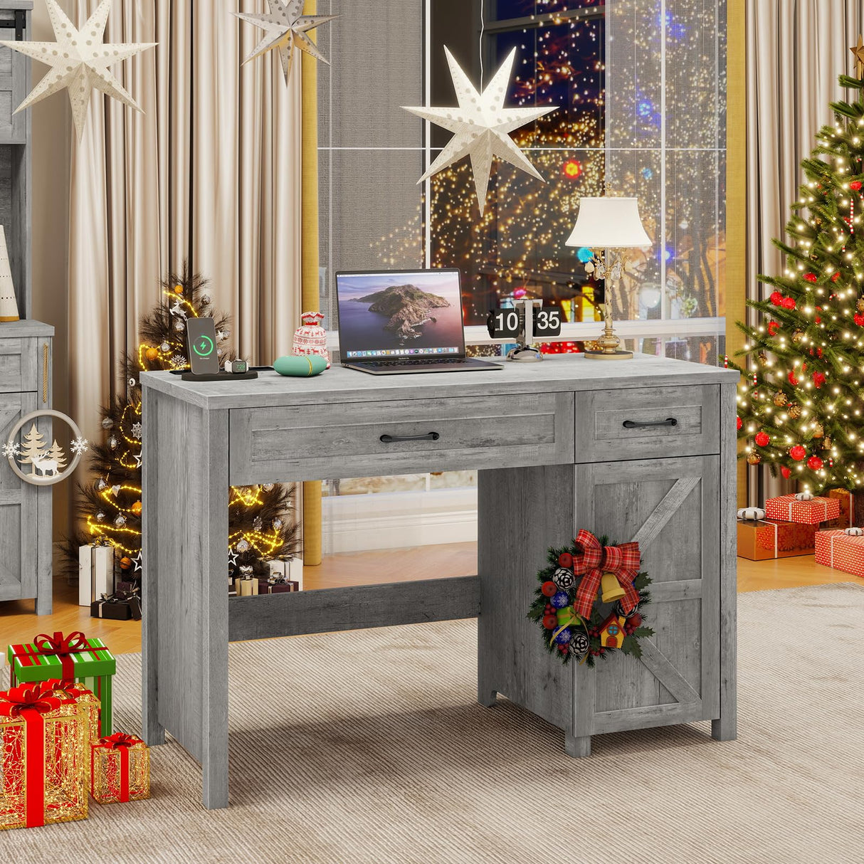 Farmhouse 47" Executive Desk, Computer Desk with Drawers and Storage Cabinet, Workstation Computer Desk for Home Office and Study.(Grey) Vabches