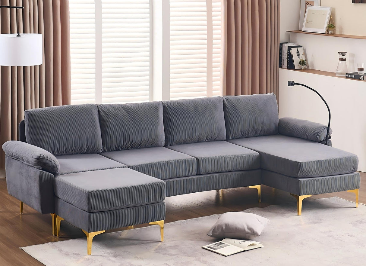UPHYB 114” U-Shaped Sectional Sofa Couch,Corduroy Convertible 4 Seater Sofa Set with Chaise Lounge,Ottoman and Detachable Phone Holder,Comfy L Couch for Living Room,Bed Room and Apartment(Grey) UPHYB