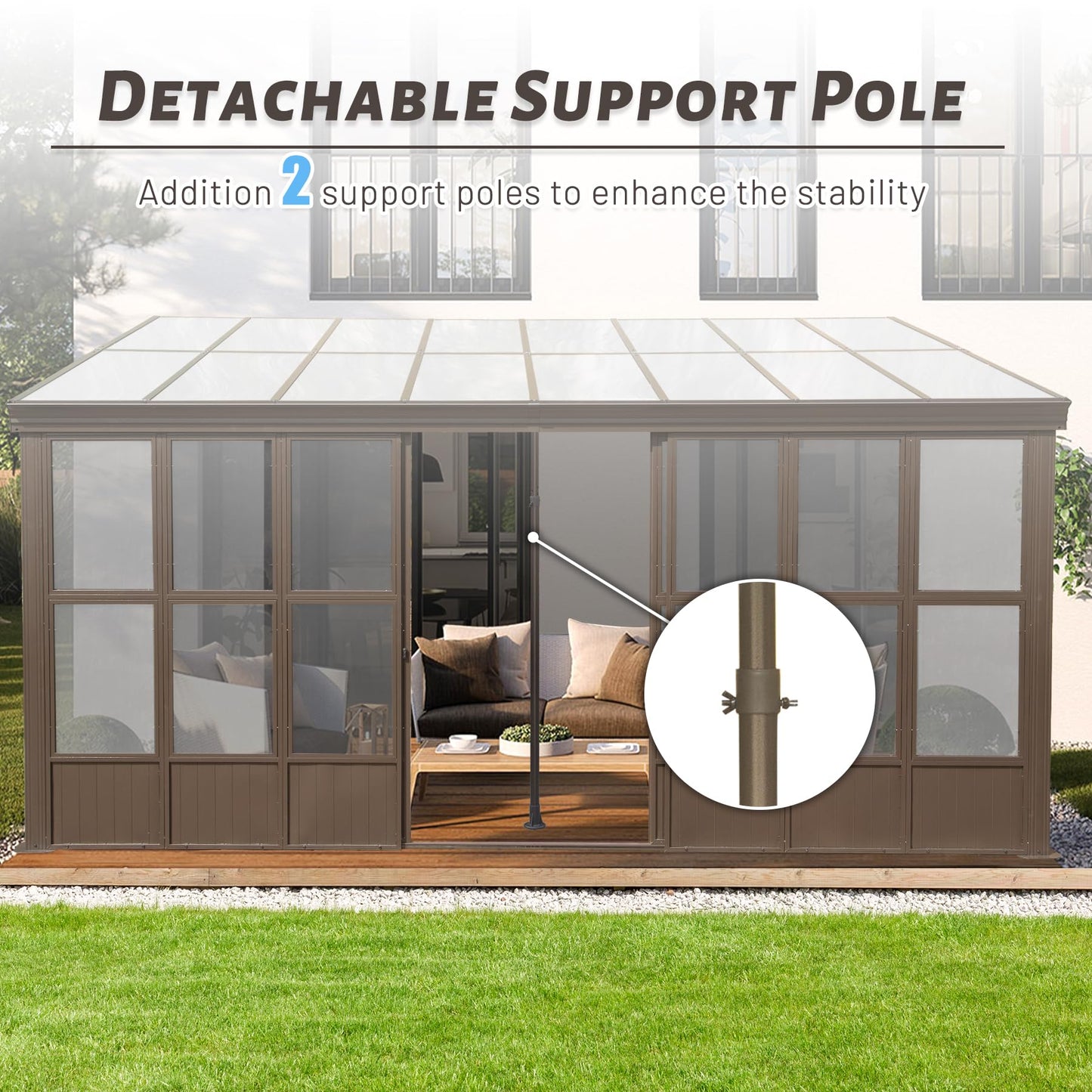 Domi 12x16FT All Season Sunroom, Outdoor Permanent Wall Mounted Solarium with Detachable Polycarbonate Windows, Aluminum Lean to Gazebo Sun Room with 2 Lockable Sliding Doors for Garden Patio - WoodArtSupply