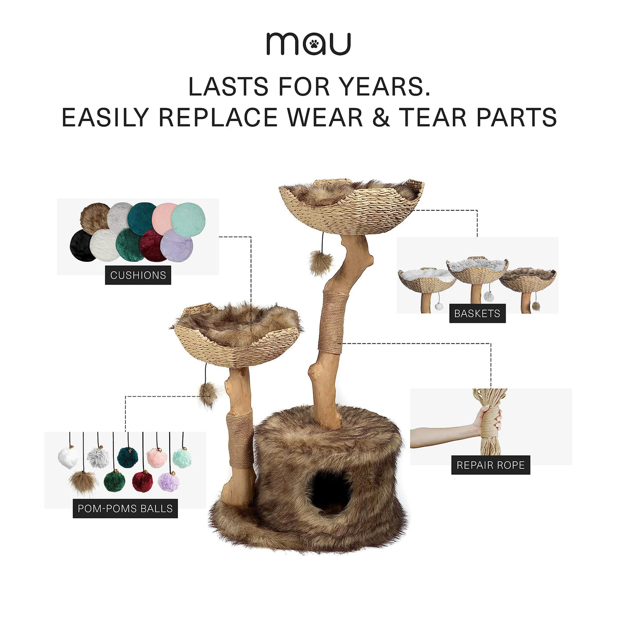 MAU Modern Cat Tree Tower for Large Cats, Real Branch Luxury Wood Cat Tower, Cat Scratching Tree, Cat Condo, Cat Lover Gift, by Mau Lifestyle Mau Lifestyle