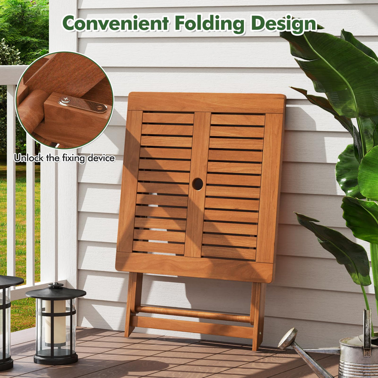 CLEEMAN Folding Outdoor Dining Table, Solid Wood Bistro Tables with 2" Umbrella Hole, Square Foldable Patio Table for Porch Balcony Deck Garden Yard, Teak Oil Finish CLEEMAN