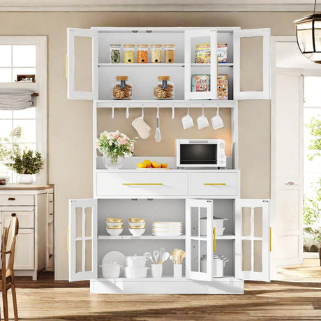 DWVO Kitchen Pantry Storage Cabinet with Microwave Stand, 71'' Tall Kitchen Hutch Cabinet with Power Outlet, Modern Food Pantry Cabinet with Drawers ＆ Shelves for Home, White DWVO
