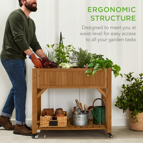 Best Choice Products Elevated 8 Pocket Herb Garden Bed, Mobile Raised Customizable Wood Planter for Herbs, Vegetables, Flowers w/Lockable Wheels, Storage Shelf, Drainage Holes - Acorn Brown Best Choice Products