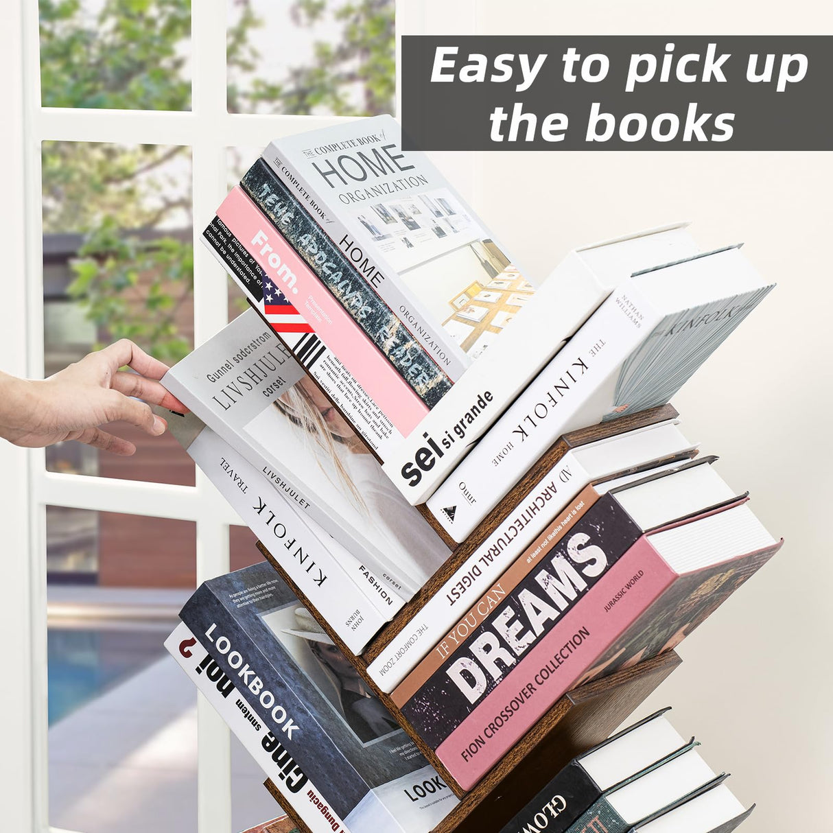 SHEEPAM 10 Tier Tree Book Shelf, Floor Standing Wood Bookshelf for Narrow Space, Storage Organizer Bookshelves for Books/CDs/Magazine, Bookcase with Shelves for Home Office, Living Room - Brown SHEEPAM