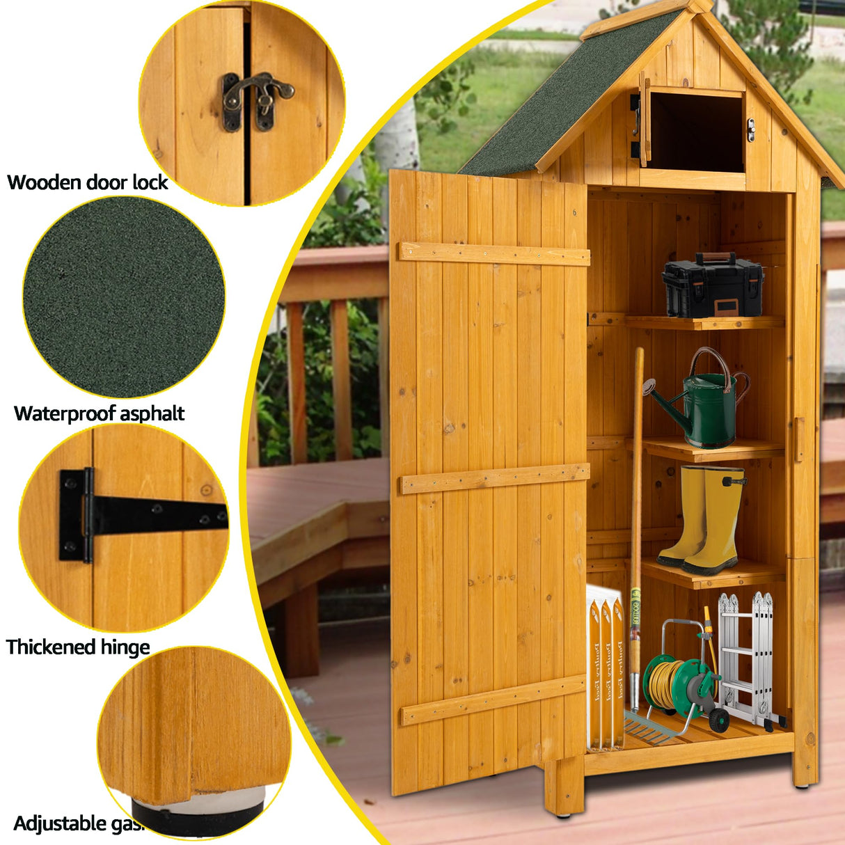 Outdoor Storage Cabinet, Garden Wood Tool Shed, Outside Wooden Shed Closet with Shelves and Latch for Yard, Patio, Deck and Porch,30.3”L X 21.3”W X 70.5”H (Natural) Anwick