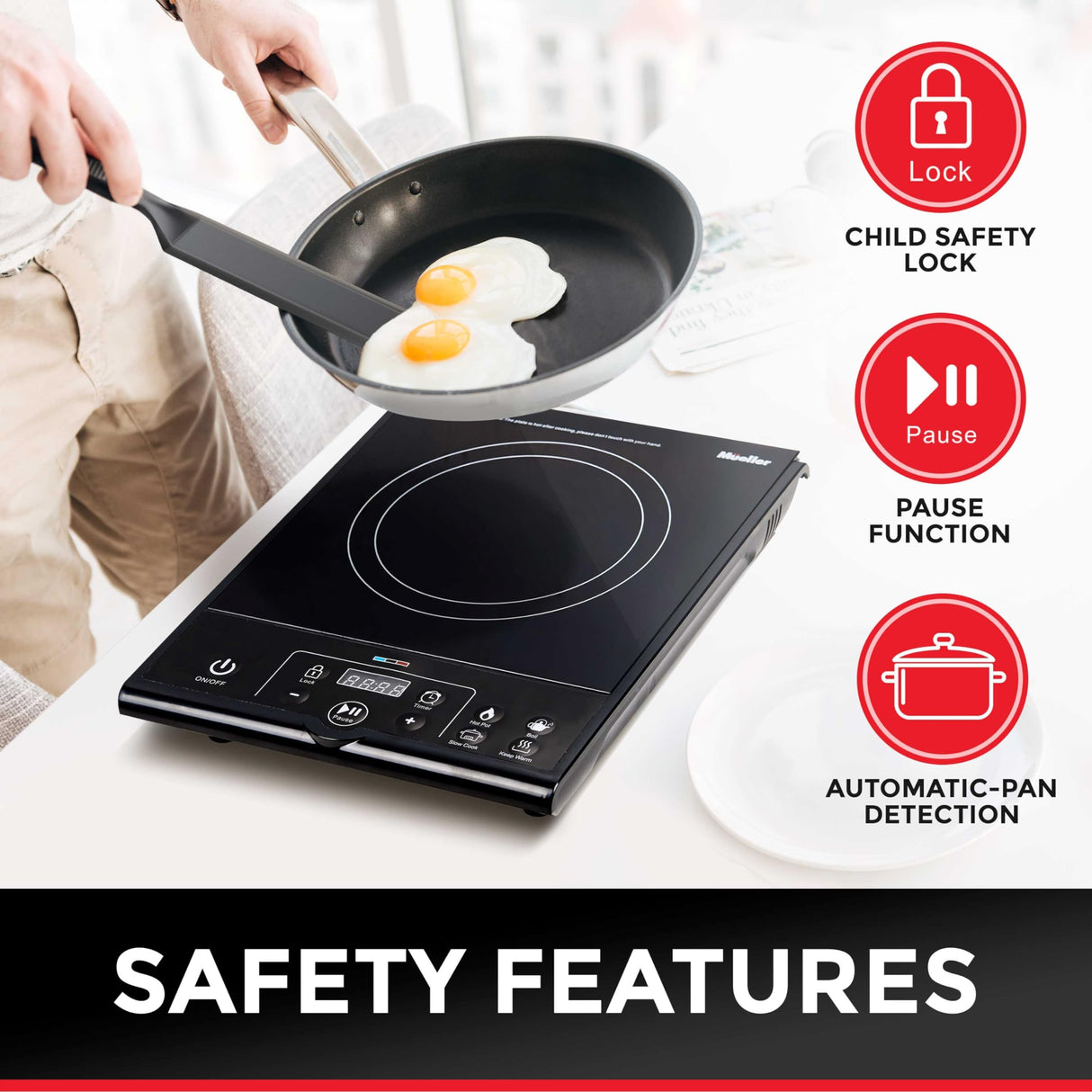 Mueller RapidTherm Portable Induction Cooktop, Hot Plate Electric Stove Top Burner 1800W, 8 Temp Levels up to 460°F, Auto-Off & Pot Detection, LED Display, Child Lock, 4 Programs, Burners for Cooking Mueller