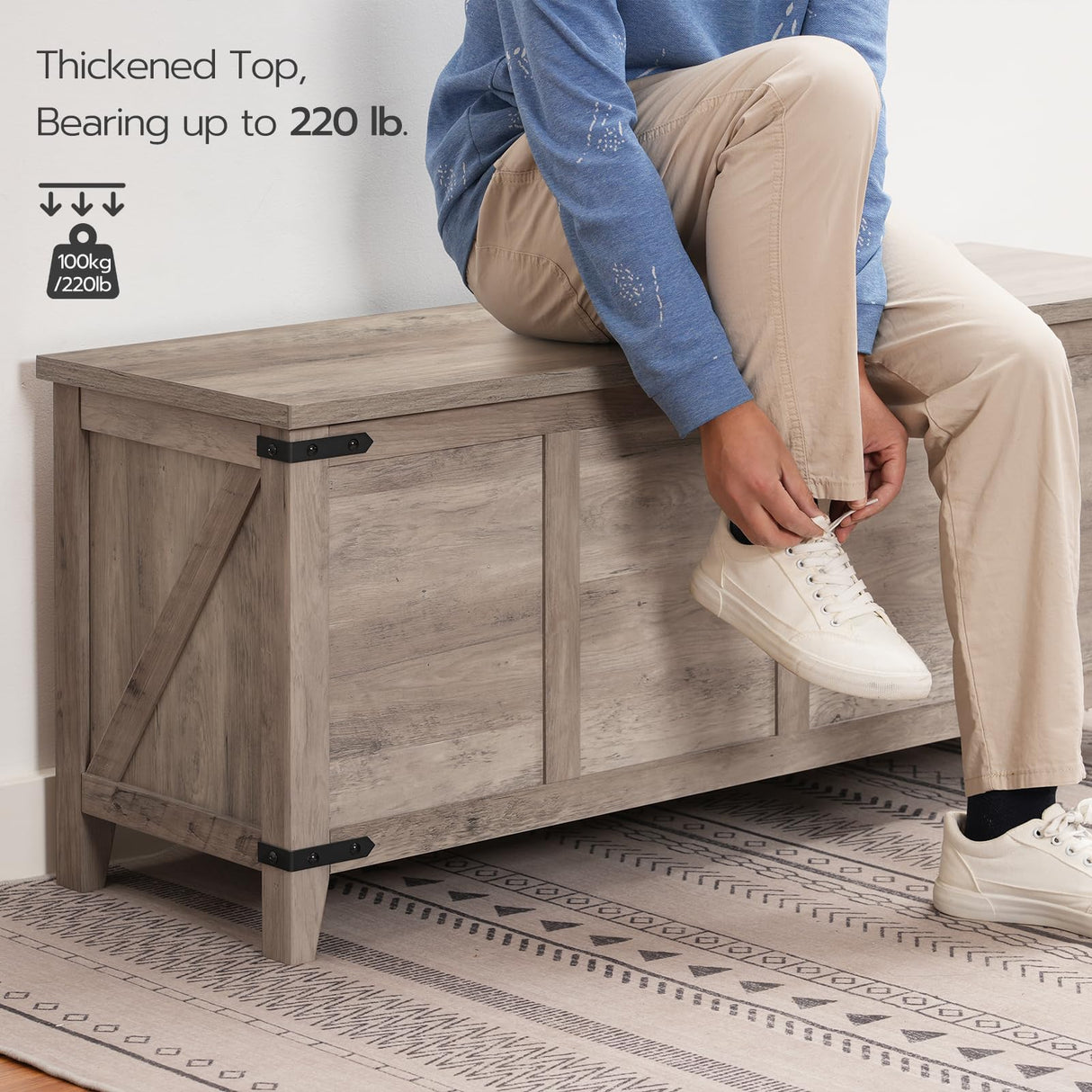 HOOBRO Farmhouse Storage Chest, 47.2" Storage Bench with Geometric Style Front, Toy Chest with Metal Accents and Lift Top, Toy Box Organizer, Sturdy Base, for Living Room, Greige BG124CW01 HOOBRO