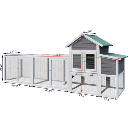 RUNVA 122" Large Chicken Coop with Nest Box and Removable Tray, Hen House for 2-6 Chickens, Outdoor Weatherproof Small Animal Cages