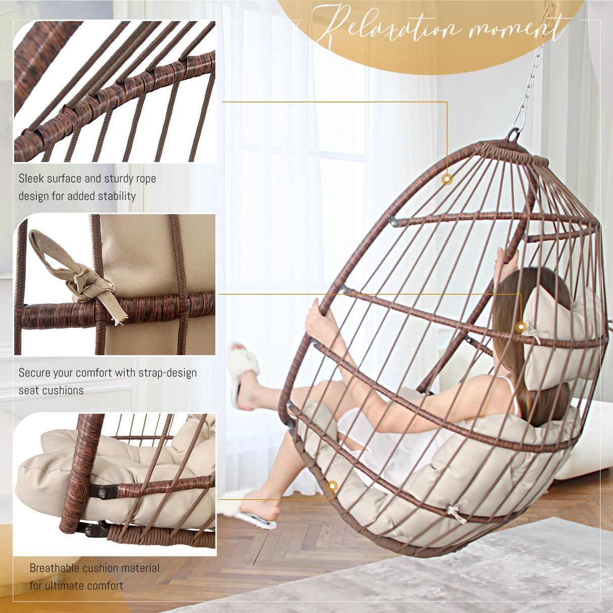 BULEXYARD Hanging Egg Chair Without Stand 350lbs Capacity, Brown Wicker Swing Egg Chair with Beige Cushion for Indoor/Outdoor Patio Porch Balcony, Foldable Hammock & Tree/Ceiling/Beam Mount BULEXYARD