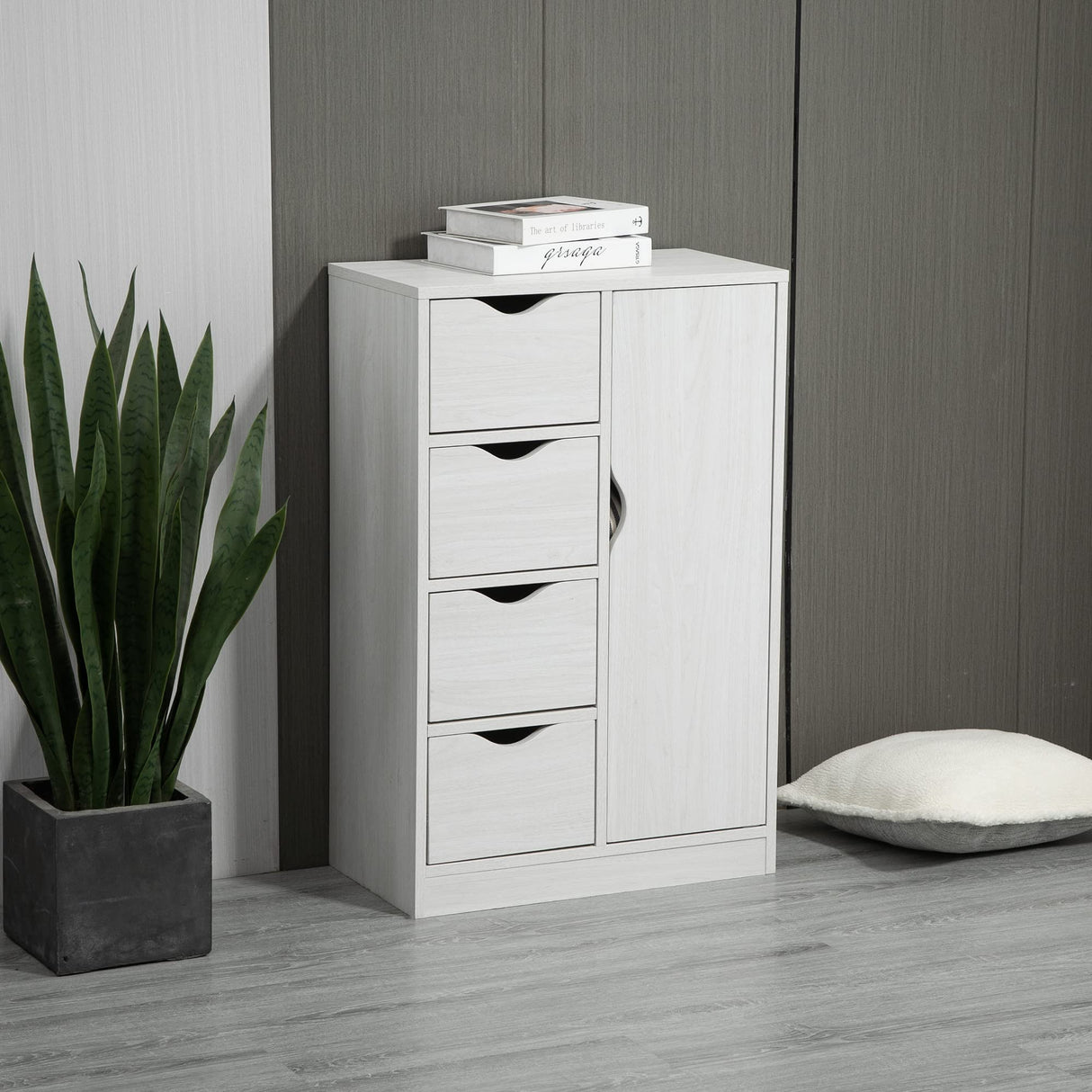 HOMCOM Freestanding Storage Cabinet, Bathroom Floor Cabinet with 4 Drawers and Door, White Wood Grain HOMCOM