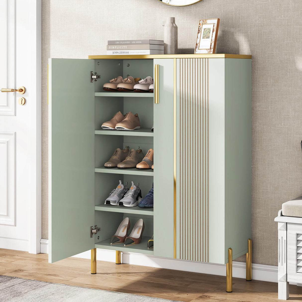 Tribesigns Shoe Cabinet with Doors, 6-Tier Shoe Storage Cabinet with Adjustable Shelves, Wooden Shoes Rack Shoe Storage Organizer for Entryway, Hallway, Closet, Living Room, Light Green Tribesigns