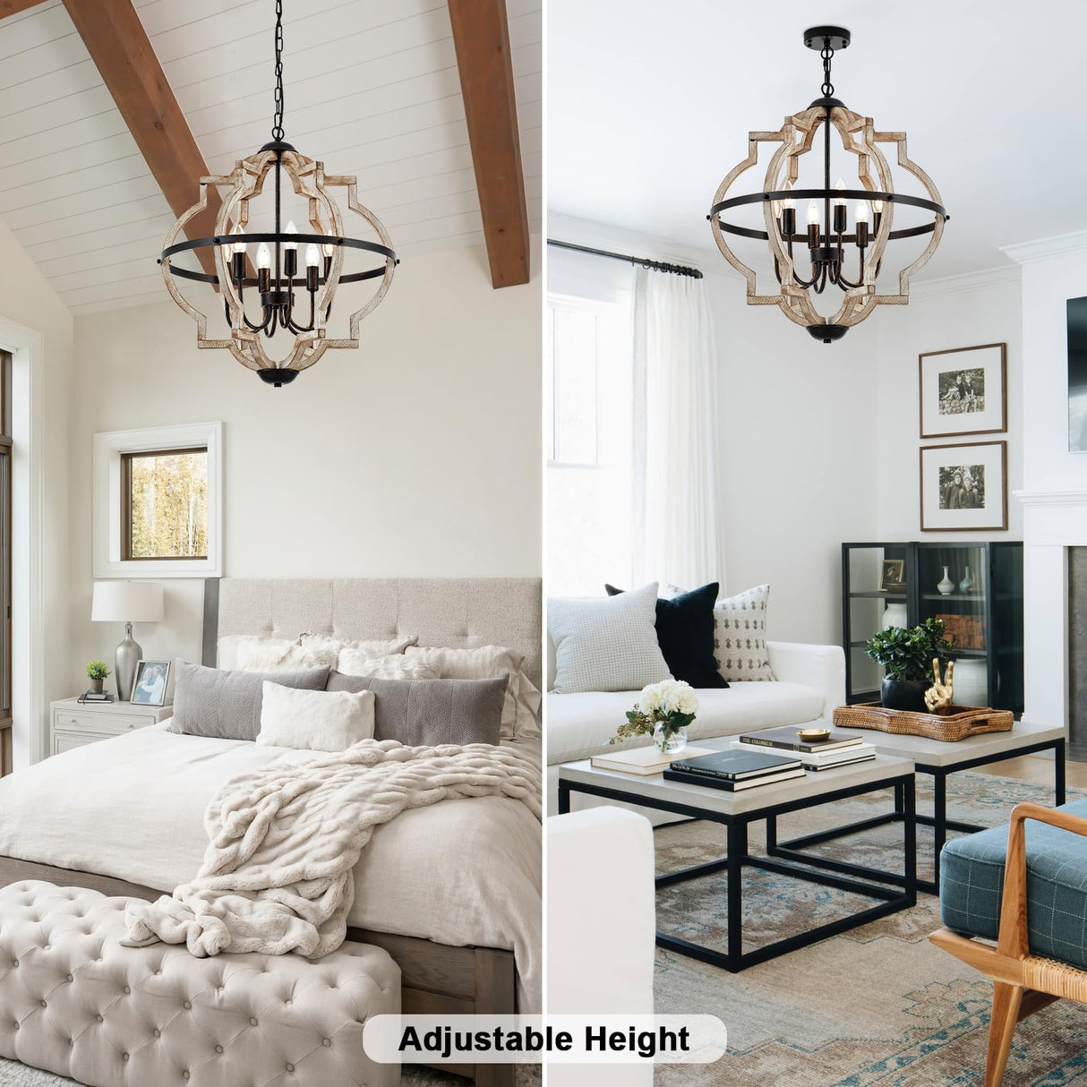 TACDANDM Farmhouse Chandelier for Dining Room Vintage Rustic Oak Distressed White 23'' 6-Light Wood Pendant Lighting Globe Hanging Ceiling Light Fixtures for Entryway Foyer Kitchen Living Room TACDANDM