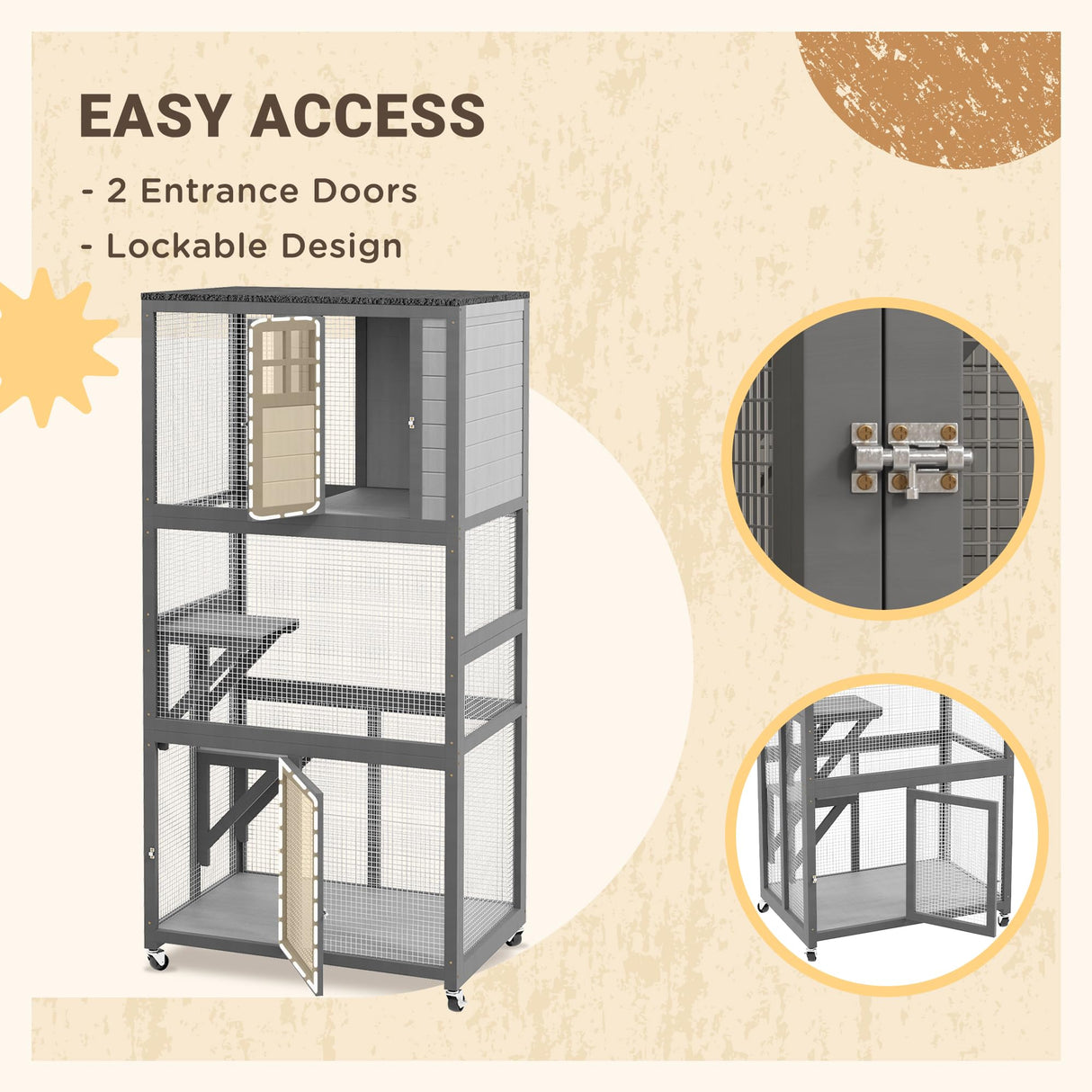 PawHut 74" Wooden Catio Outdoor Cat House Weatherproof & Wheeled, Outside Cat Enclosure with High Weight Capacity, Kitten Cage Condo, Light Gray PawHut