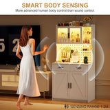 MDGC White LED Kitchen Pantry Cabinet with Charging Station, Adjustable Shelves, and Hooks for Versatile Storage MDGC