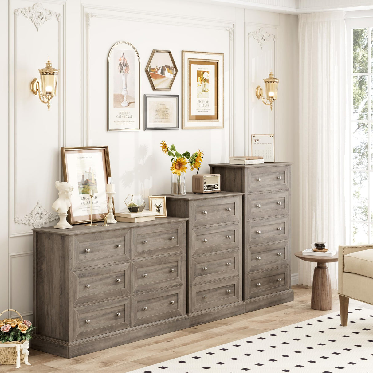 FACBOTALL Modern 6 Drawer Double Dresser, Wood Dresser Chest, Wide Chest of Drawers with Deep Drawers & Mental Double Handles for Hallway Living FACBOTALL