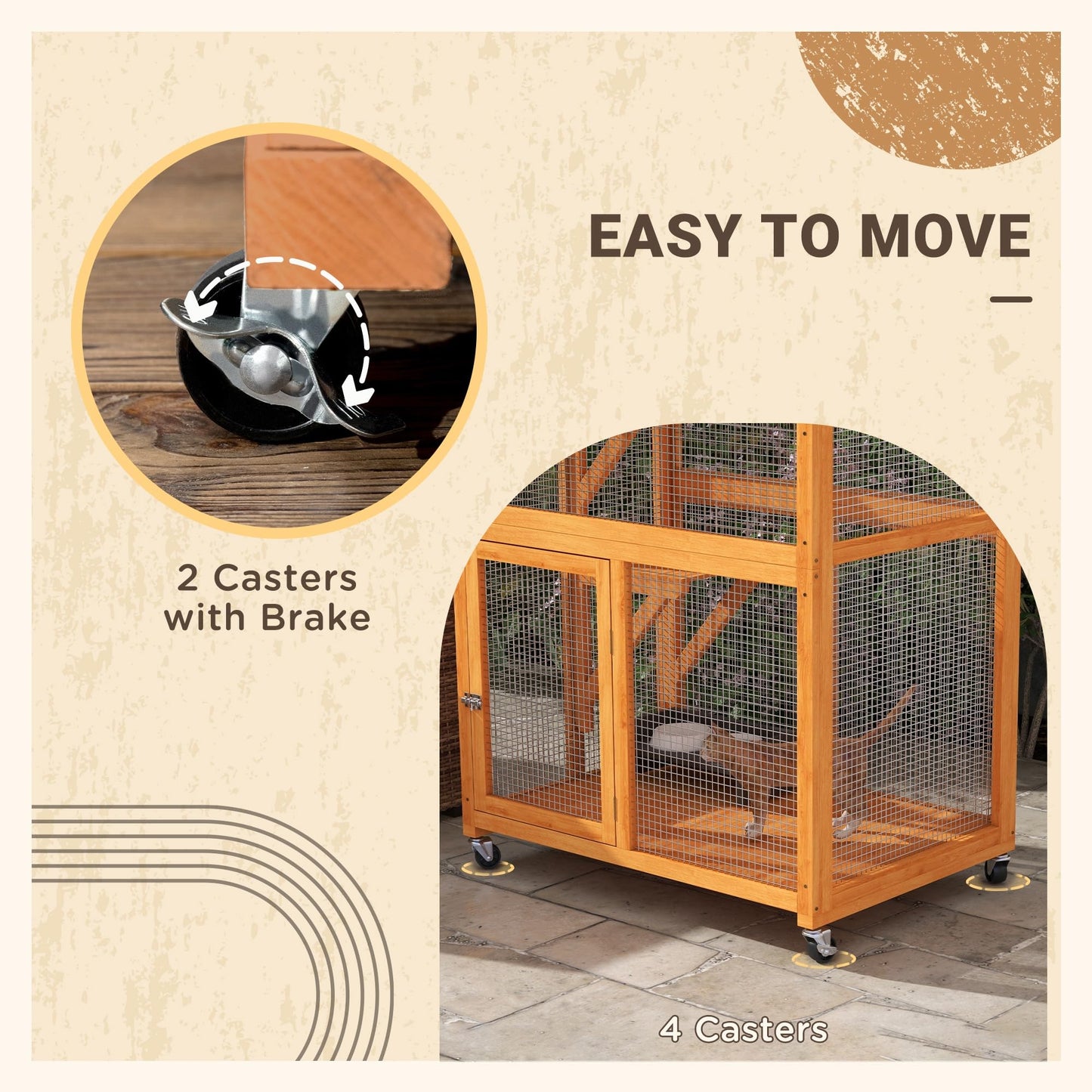 PawHut 74" Wooden Catio Outdoor Cat House Weatherproof & Wheeled, Outside Cat Enclosure with High Weight Capacity, Kitten Cage Condo, Orange