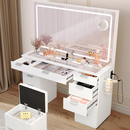 YITAHOME Makeup Vanity with Spacious LED-Lit Mirror & Built-in Socket, Vanity Table with 11 Compartments and Magnifier, 46'' Beauty Station with Seating for Bedroom - WoodArtSupply