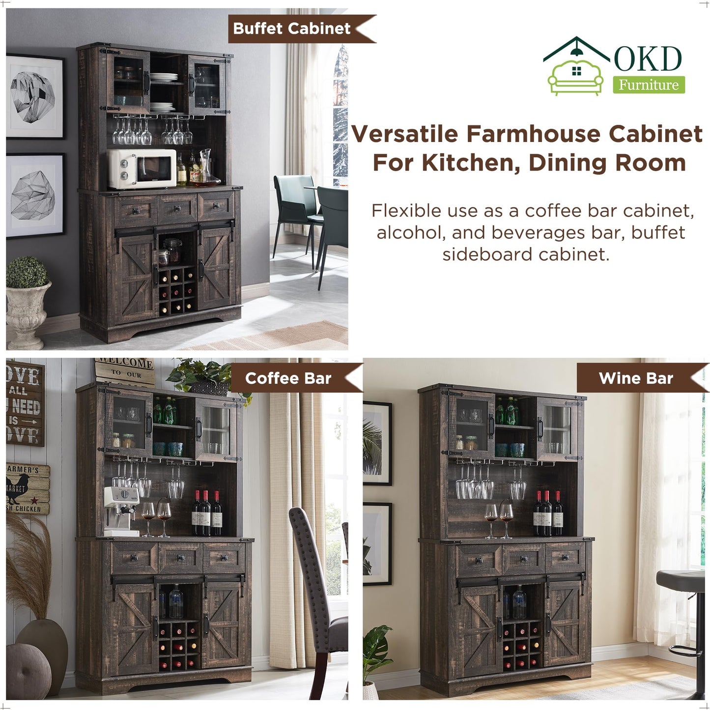 OKD 72" Farmhosue Bar Cabinet with Sliding Barn Door, Large Kitchen Buffet with Hutch w/Wine & Glasses Rack, 3 Drawers, 12 Storage Shelves, Rustic Coffee Bar Sideboard Table, Dark Rustic Oak - WoodArtSupply