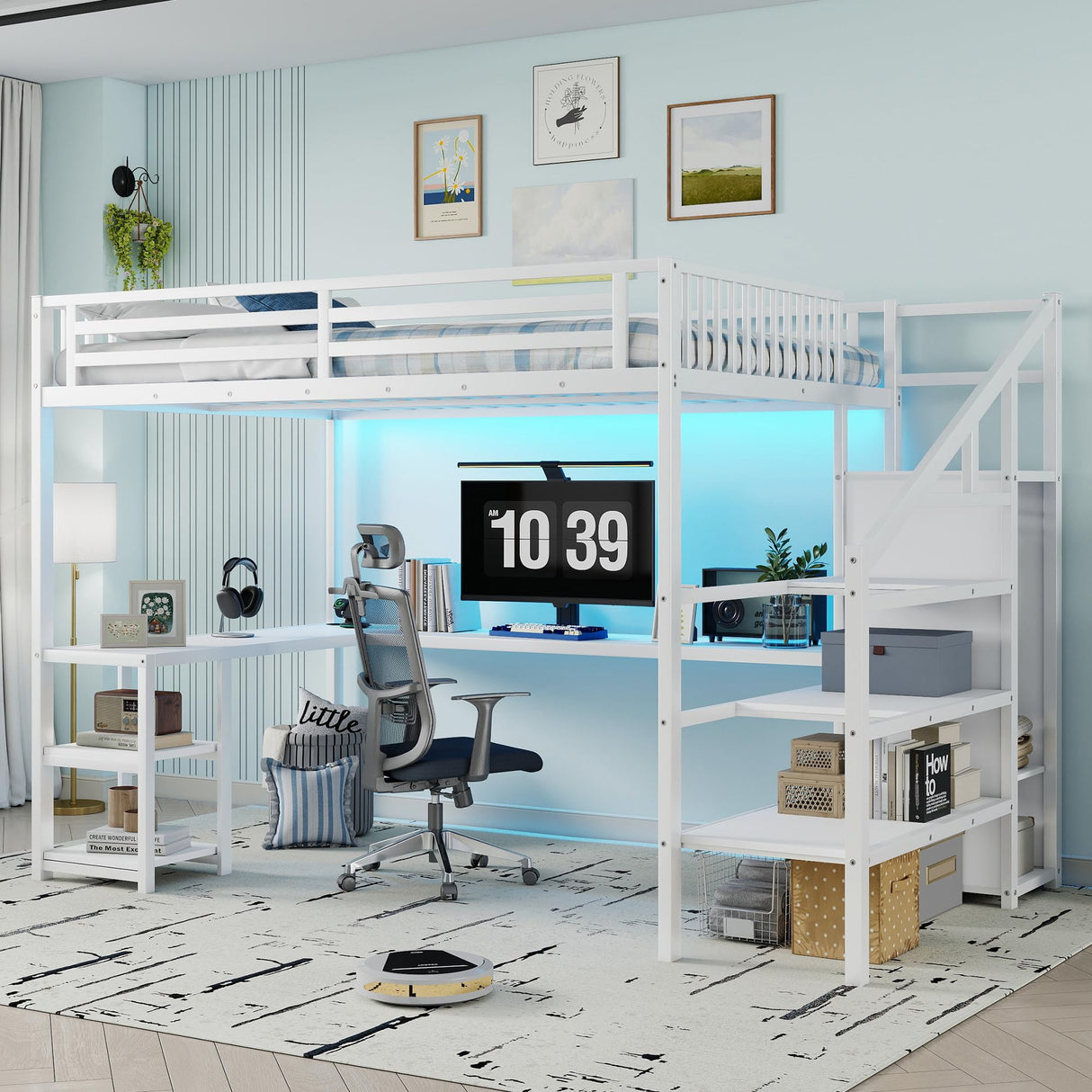 Queen Size Loft Bed with Desk and Stairs, Gaming Loft Bed with RGB LED Light and Storage, Heavy-Duty Metal Loft Beds Frame with Wardrobe, Shelves and Charging Station for Adults Kids Teens, White Mirightone