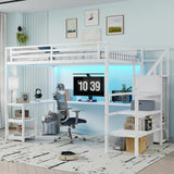 Queen Size Loft Bed with Desk and Stairs, Gaming Loft Bed with RGB LED Light and Storage, Heavy-Duty Metal Loft Beds Frame with Wardrobe, Shelves and Charging Station for Adults Kids Teens, White Mirightone