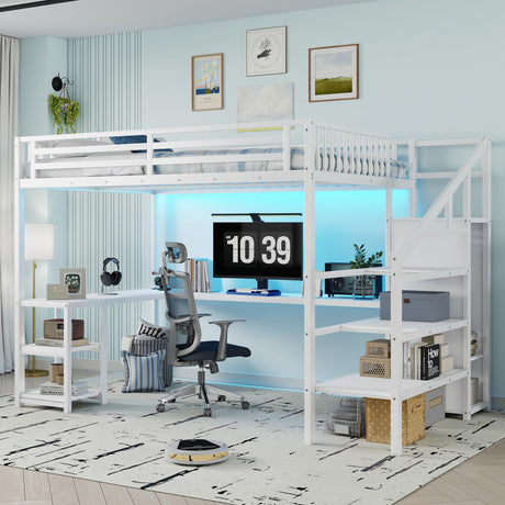 Queen Size Loft Bed with Desk and Stairs, Gaming Loft Bed with RGB LED Light and Storage, Heavy-Duty Metal Loft Beds Frame with Wardrobe, Shelves and Charging Station for Adults Kids Teens, White Mirightone