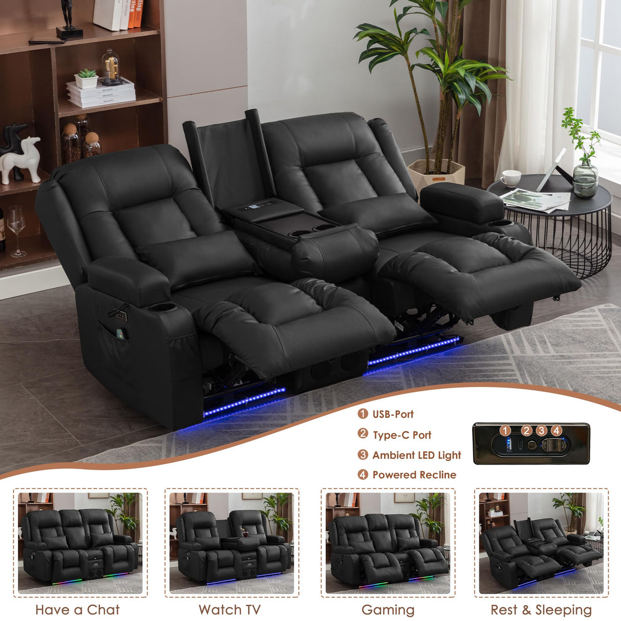 TUNYI Wall Hugger Power Loveseat Recliner - Reclining Loveseat with Console Theater Seating RV Recliner Sofa with USB/Outlet/Speaker/Cup Holder/LED Light/Storage (Black) TUNYI