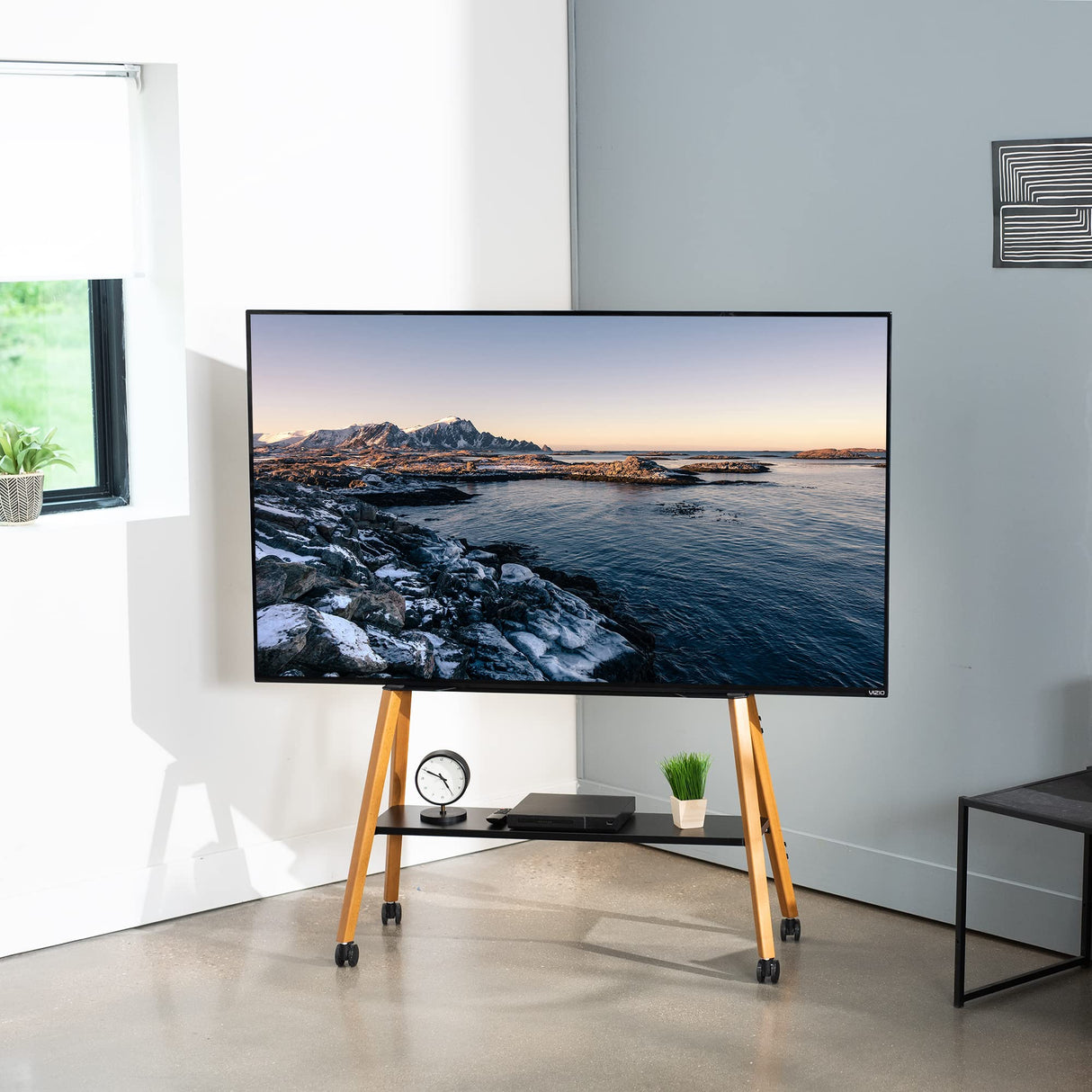 VIVO Rolling Artistic Easel 49 to 75 inch LED LCD Screen Mobile Studio TV Display Stand, Wood Accessory Shelf, Adjustable TV Mount with 4 Walnut Legs, Black Frame, STAND-TV75R VIVO