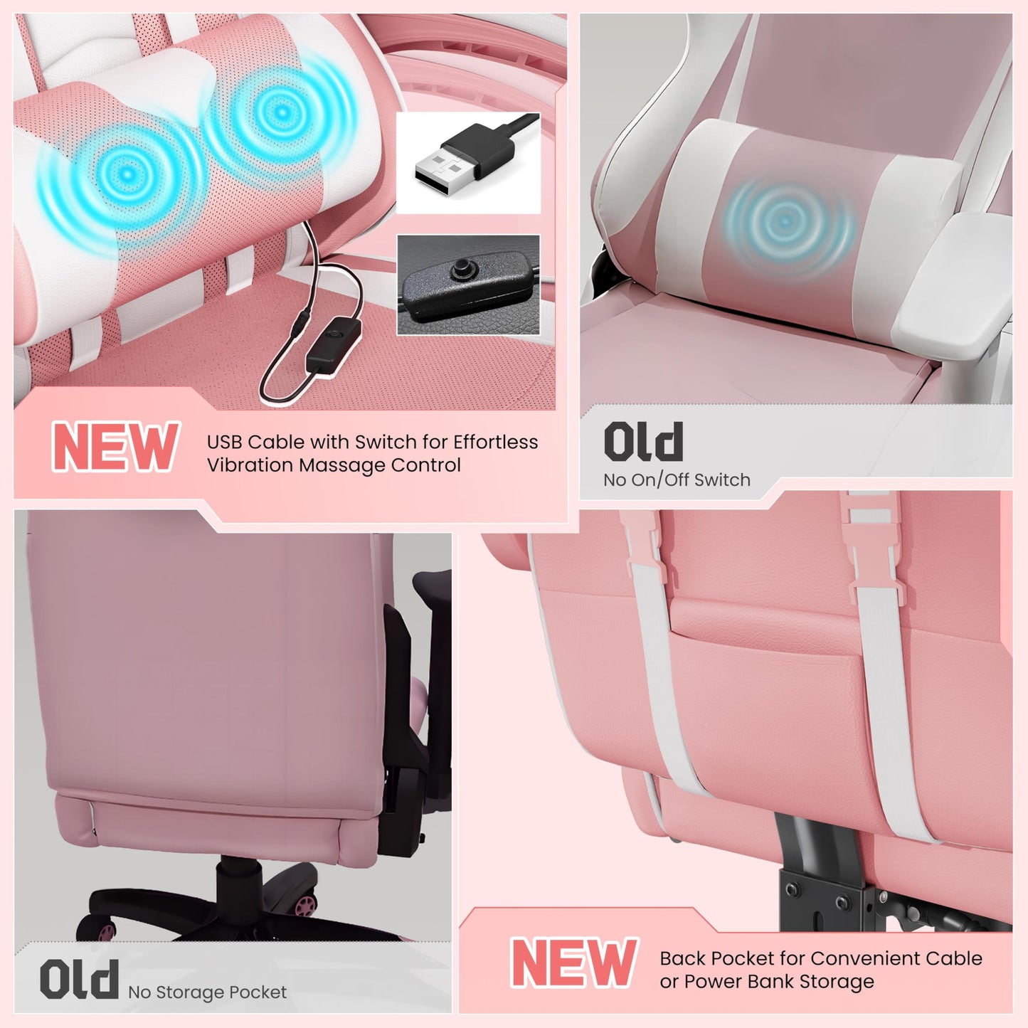 Yaheetech Gaming Chair, Video Game Chair with Massage Lumbar Support and Footrest Height Adjustable Ergonomic Computer Chair with Swivel Seat and Headrest, Pink/White