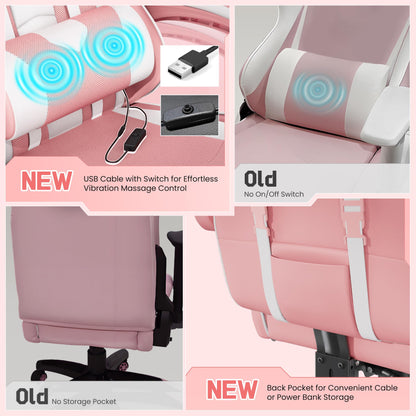 Yaheetech Gaming Chair, Video Game Chair with Massage Lumbar Support and Footrest Height Adjustable Ergonomic Computer Chair with Swivel Seat and Headrest, Pink/White