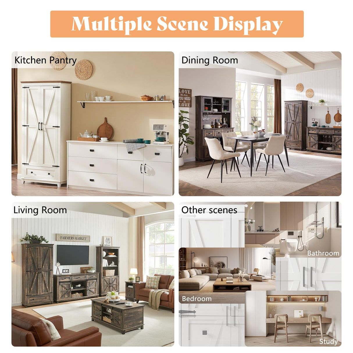 AMERLIFE 2 Pcs Farmhouse Kitchen Pantry Cabinet, 72" Tall Storage Cabinet with Adjustable Shelves & Barn Doors & Drawer, Freestanding Kitchen Cupboard for Dining Room, Living Room, Dark Rustic Oak AMERLIFE