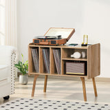 Lerliuo Record Player Stand with Charging Station Holds Up to 220 Albums, Large Turntable Stand with 4 Cabinet, Mid-Century Record Player Table,Oak Vinyl Holder Storage Shelf for Bedroom Living Room Lerliuo