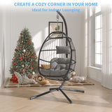 EcoTide Hanging Egg Chair with Stand, Indoor Outdoor Swing Egg Chair, Patio Wicker Rattan Hammock Egg Chairs with Cushion for Bedroom, Balcony, Garden,350LBS Capacity-Grey EcoTide