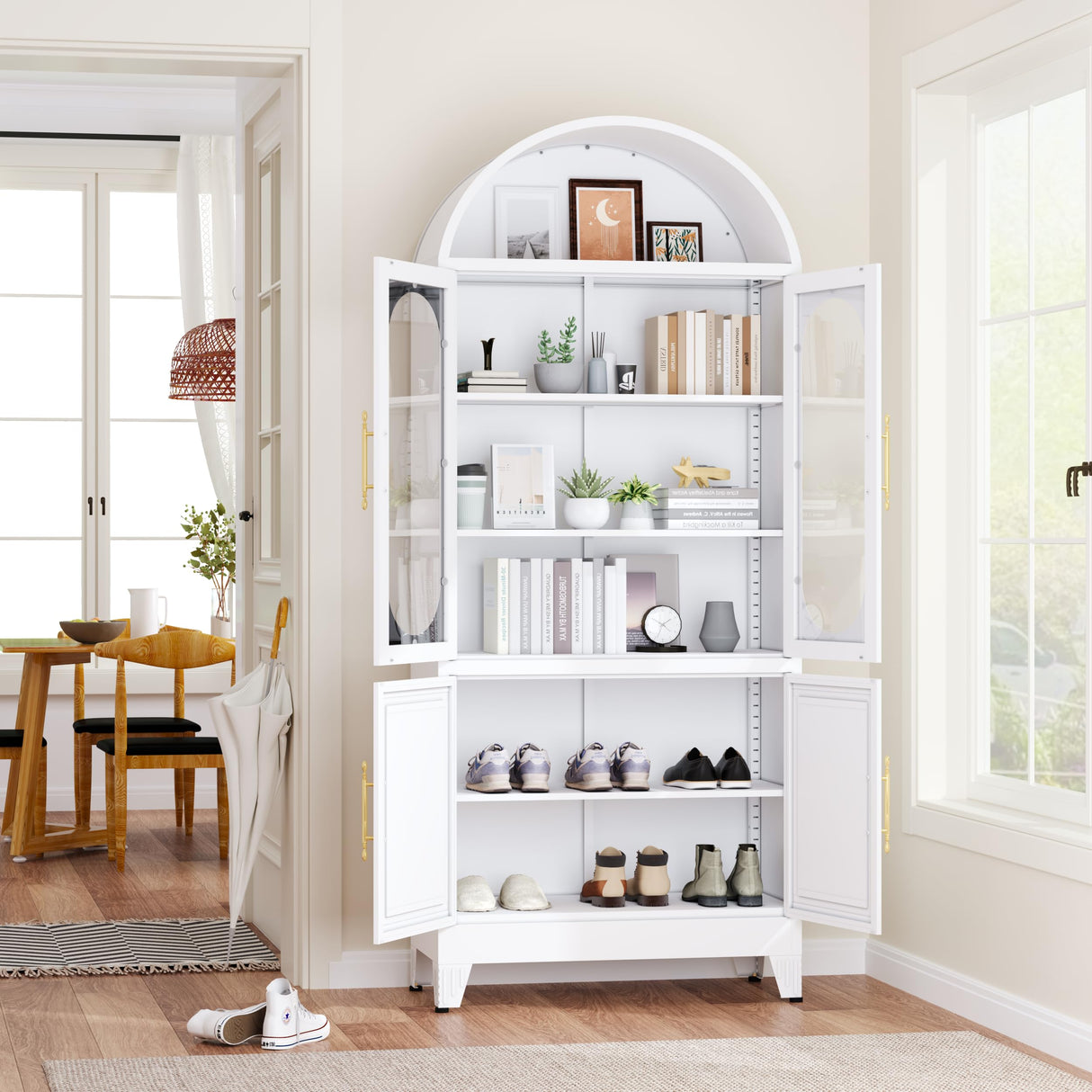 73" Metal Tall Arched Kitchen Pantry Cabinet,Arched Cabinet,Arched Bookshelf China/Curio Cabinet Farmhouse Kitchen Storage Cabinets with 4 Doors&3 Adjustable Shelves,Glass Door for Kitchen,Dining Room AUEYTVR