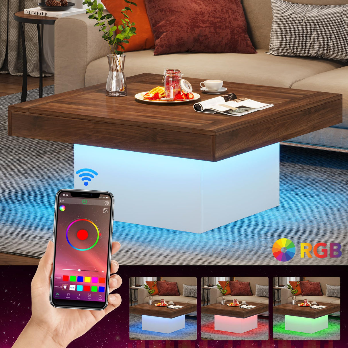 Tribesigns Coffee Table Square LED Coffee Table Engineered Wood Low Coffee Table for Living Room (Retro Brown+White) Tribesigns