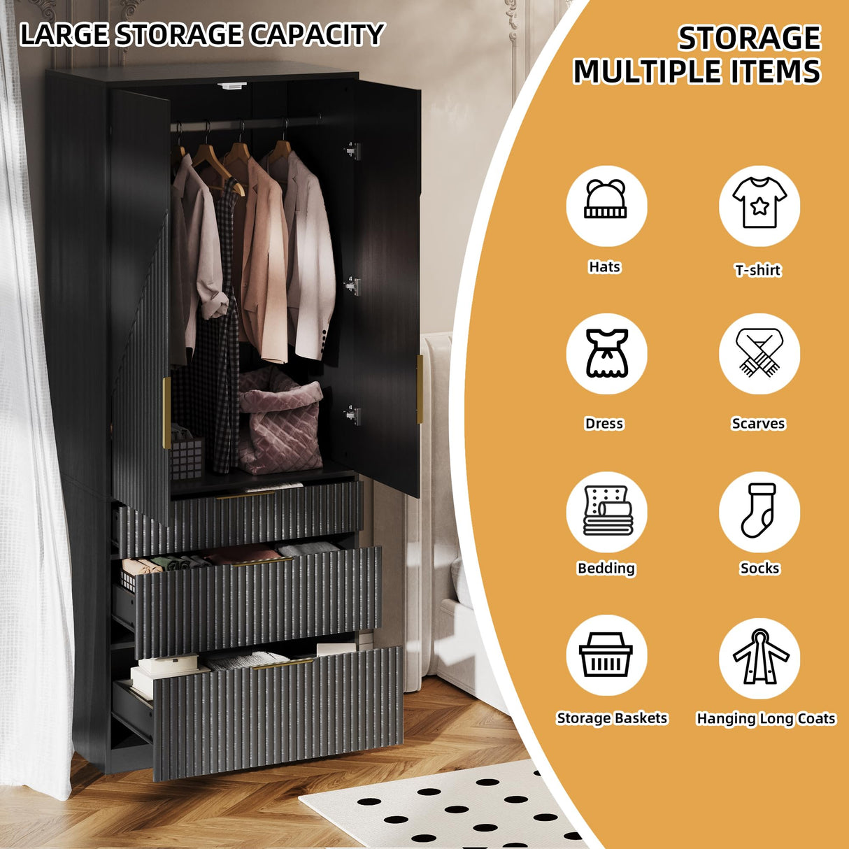 71.7 " Wardrobe Armoire Wooden Closet with 2 Doors and 3 Drawer, Bedroom Armoire with Hanging Rod Shelf, Large Capacity Storage Wardrobe Armoire, Freestanding Wooden Closet Storage Cabinet Black TOKSOM
