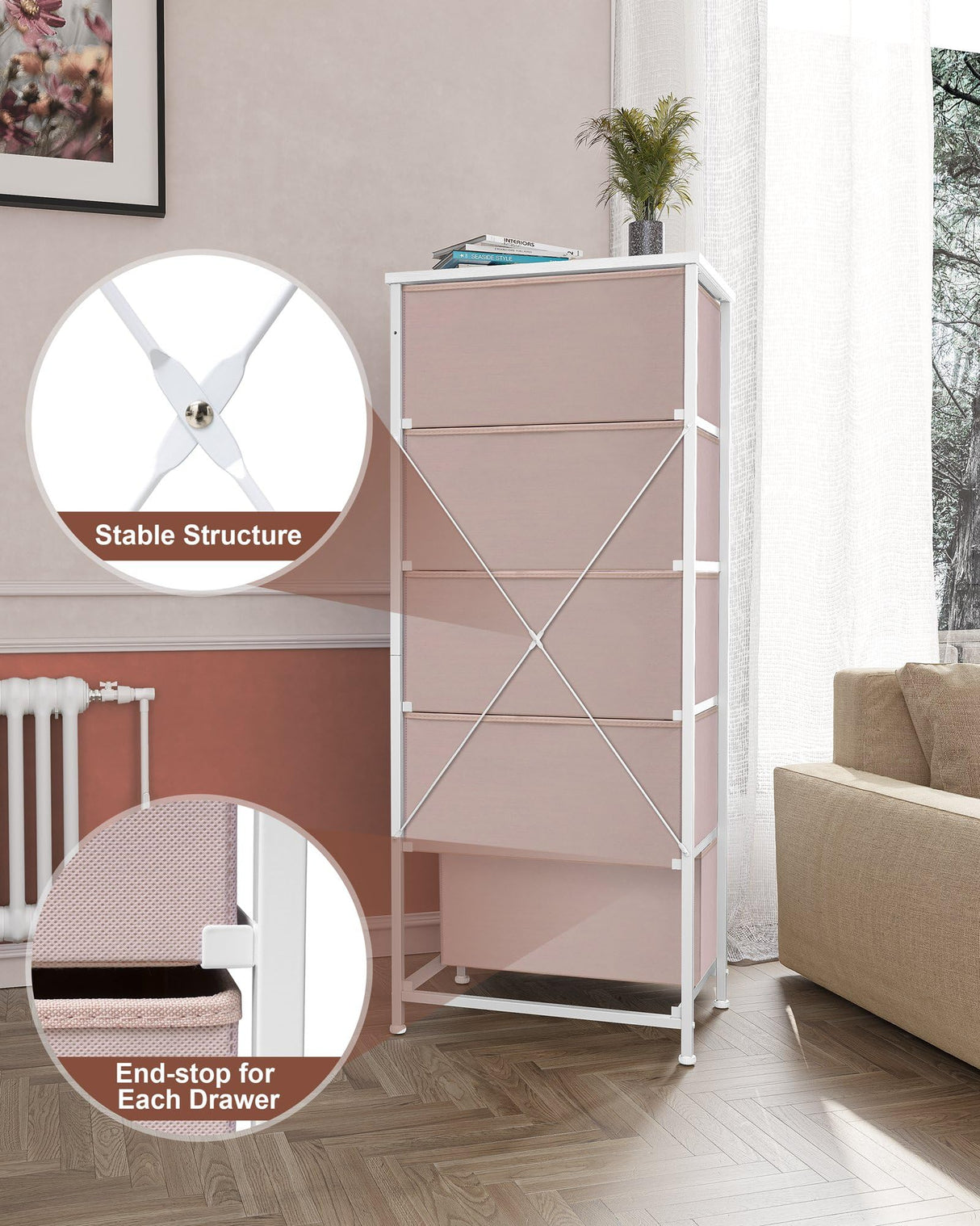 Crestlive Products Tall Dresser for Girls Bedroom, Chest of 5 Drawers, Fabric Storage Tower, Clothing Organizer for Bedroom, Hallway, Entryway, Closets, Nursery(Pink) Crestlive Products