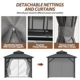 8.5' x 8.5' Hardtop Gazebo, Galvanized Steel Double Roof Gazebo with Nettings and Curtain Outdoor Aluminum Frame Vertical Stripes Roof Gazebos for Patio, Backyard, Lawn Raysfung