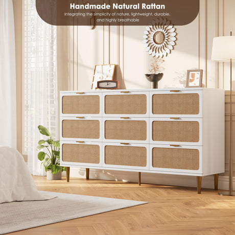 Garvee Rattan Dresser with 9 Drawers, Tall Modern Closet with Deep Storage, Large Chest of Drawers with Wide Top, Long Wooden Dresser for Bedroom, Living Room, Hallway, Kids Room, White Garvee