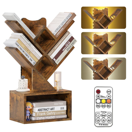 Gewudraw Tree Bookshelf with Lights LED, 2 Tier Book Shelf, Small Tree Bookcase with Storage Organizer,Floor Standing Corner Bookshelf for Bedroom, Living Room & Home Office, Rustic Brown Gewudraw