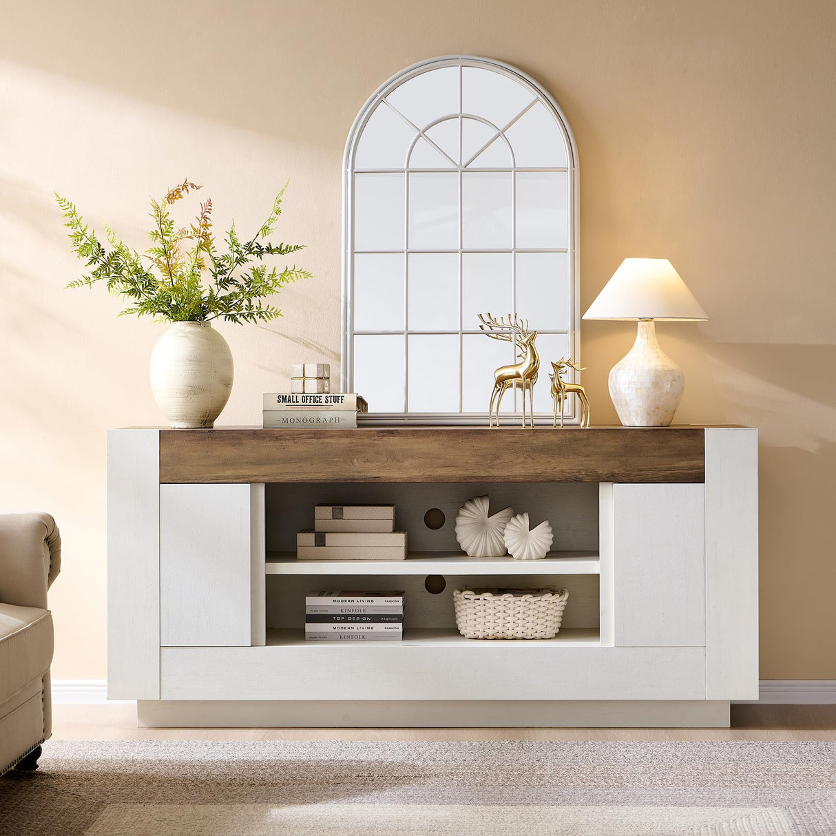 OKD Modern 70" TV Stand, Entertainment Center for TVs Up to 80", Media Console with Large Open Storage & Side Cabinets, Thick Wood Design for Living Room, Antique White OKD