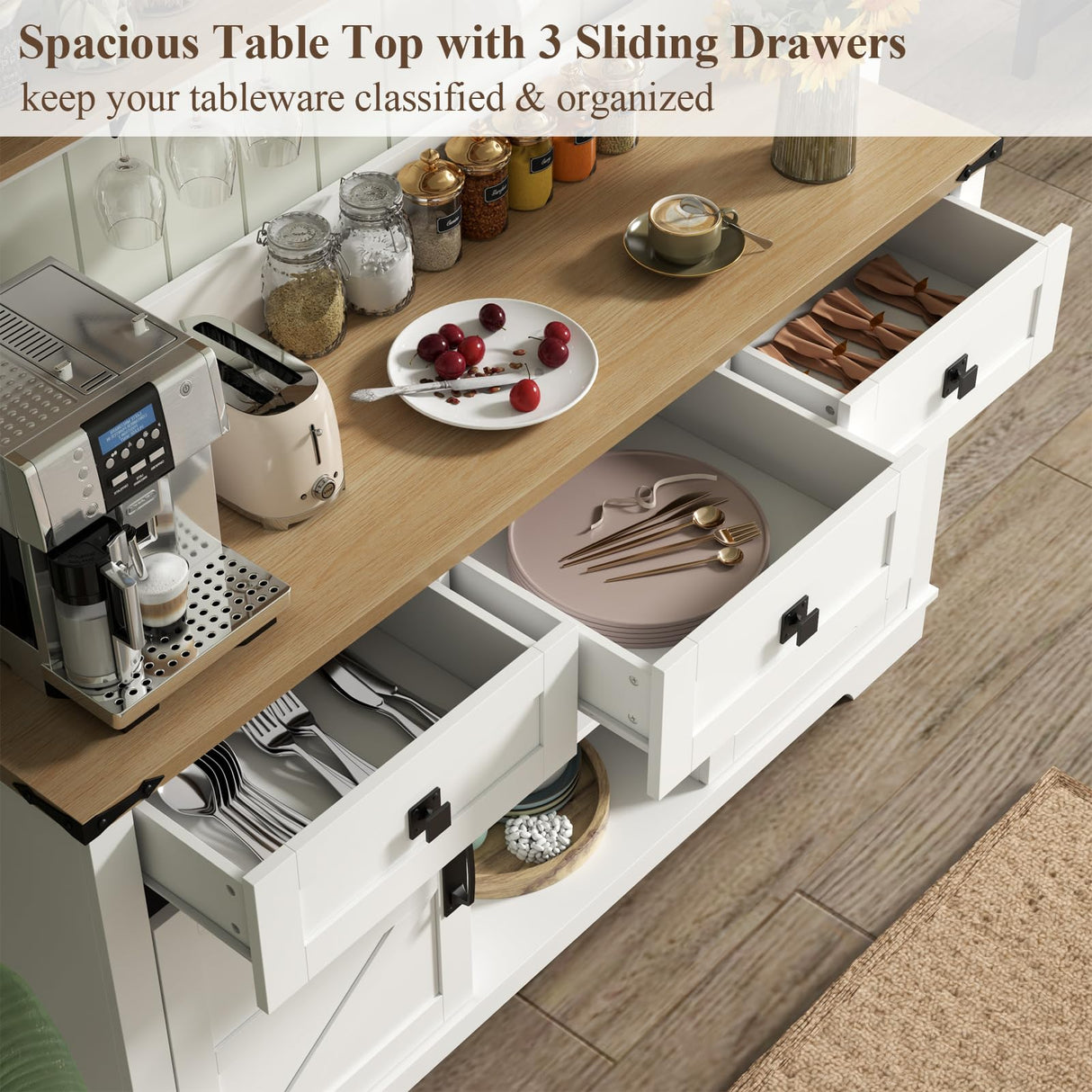 Gyfimoie Farmhouse Bar Cabinet with Hutch, Kitchen Buffet Cabinet with Storage Cabinet & 3 Sliding Drawers, Adjustable Shelf, Goblet Holder, Cup Hooks for Living Room, Dining Room Use (White) Gyfimoie