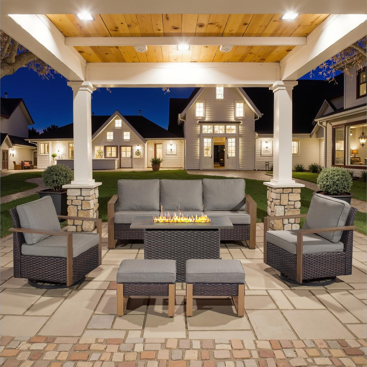 6 Piece Outdoor Patio Furniture Set with Propane Fire Pit Table, Wicker Patio Conversation Set with 2 Swivel Rocker Chairs Rattan Sofa and Removable 4" Thick Cushions for Deck Backyard Belord