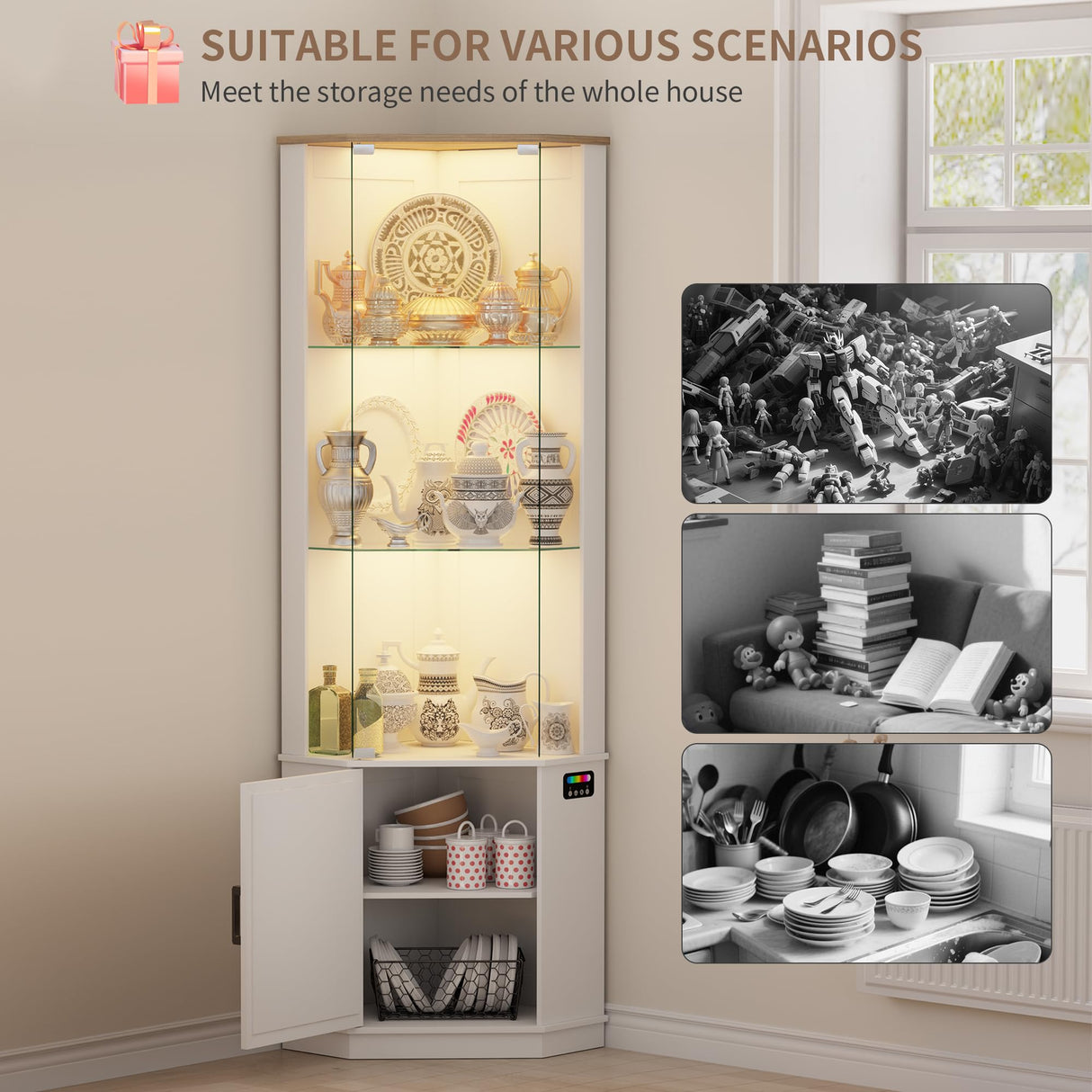 Lvifur 69" Corner Glass Display Cabinet with RGB Lights,3-Tier Movable Glass Shelves,Curio Display with Human Body Sensor,Bookcase with Storage Cabinet for Toys,Books,Collectibles,Liquor,White Lvifur