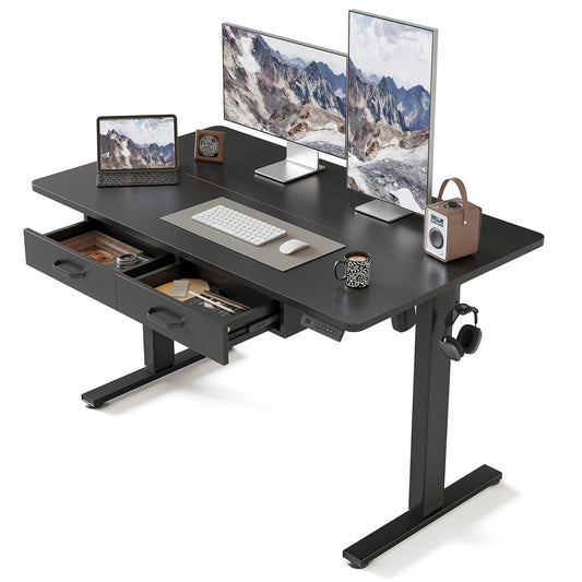 FEZIBO Adjustable Height Electric Standing Desk with Double Drawer, 48 x 24 Inches Stand Up Home Office Desk with Splice Tabletop, Black Frame/Black Top - WoodArtSupply