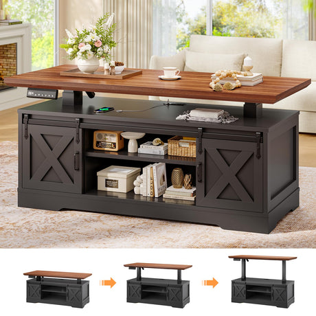 SEDETA Lift Top Coffee Table, Rectangle Coffee Table with Storage and Barn Door, Smart Height Adjustable Coffee Table with Power Outlet for Living Room, Black SEDETA