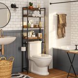 MAHANCRIS Rustic Brown 4-Tier Over The Toilet Storage Rack with Hooks - Versatile Bathroom Organizer MAHANCRIS