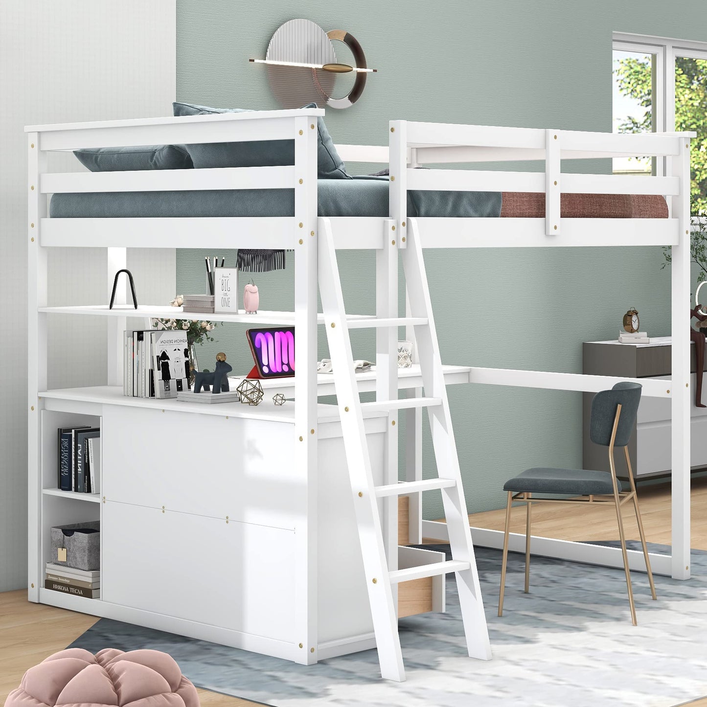 Harper & Bright Designs White Full Size Loft Bed with Desk, Shelves and Two Drawers for Kids and Teens - WoodArtSupply