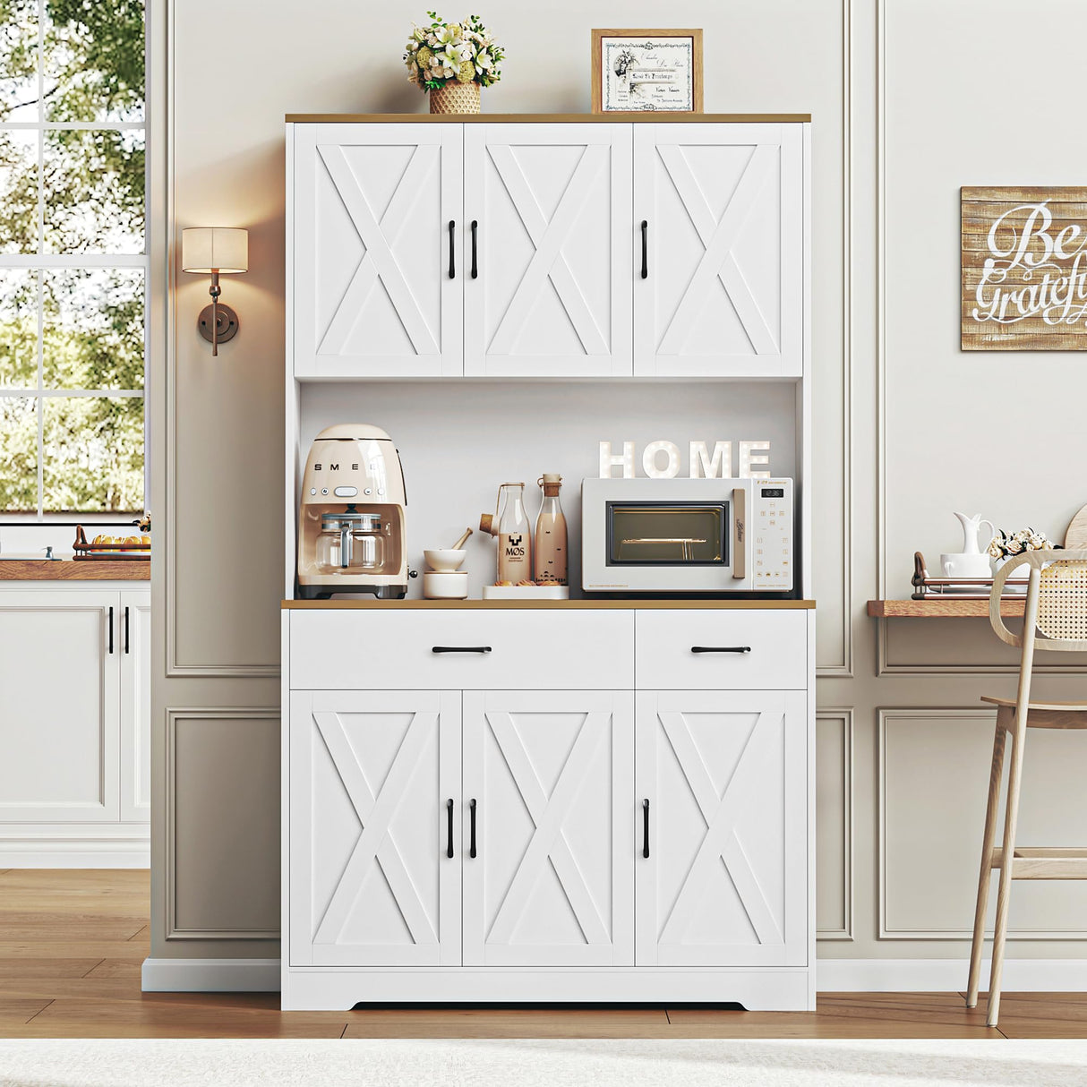 HOSTACK 71" Pantry Cabinet with Charging Station, Tall Kitchen Pantry Storage Cabinet with Microwave Stand, Farmhouse Kitchen Hutch Cabinet with Storage Drawers for Living Room, Dining Room, White HOSTACK