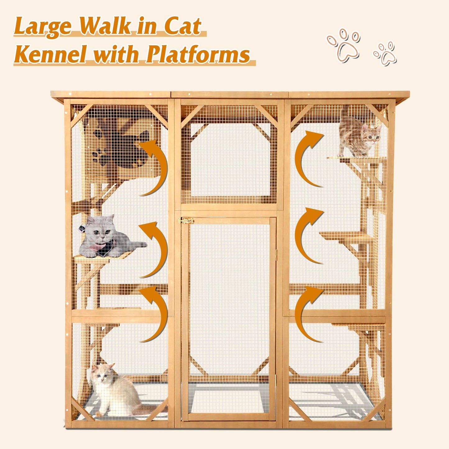 Grepatio Cat Enclosure Large Outdoor Catio Wooden Cat House with Weatherproof, Cat Cage Condo Indoor Playpen with Platform and Small House(Natural)