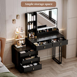 Large Vanity Desk with 3 Color Touch Screen Dimming Mirror, Vanity Desk with Charging Station, Modern Retractable Makeup Dressing Table, Vanity Table With storage shelves and 5 Sliding Drawers, Black YYJ